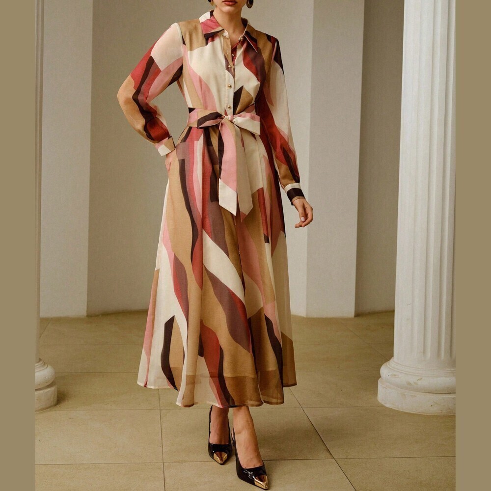 Tan Abstract Geometric Print Belted Collar Long Sleeve Button Front Maxi Dress